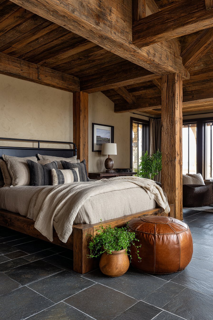 Reclaimed Beam Ceiling with Terracotta