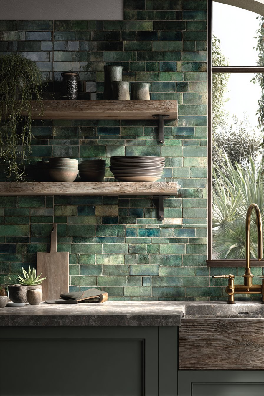 Subway Tile Backsplash with Wood Shelving