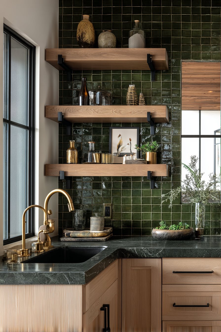 Subway Tile Backsplash with Wood Shelving