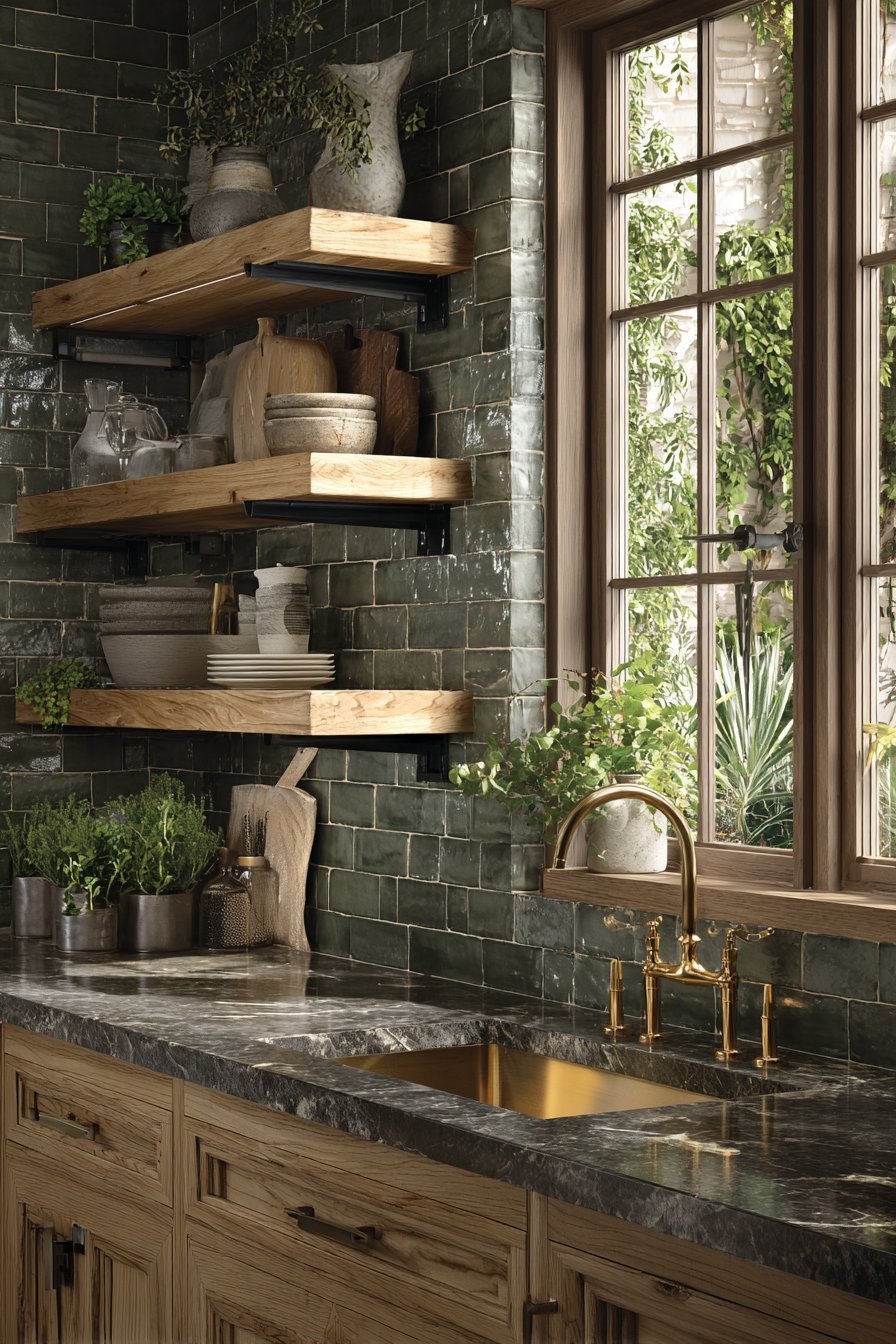 Subway Tile Backsplash with Wood Shelving