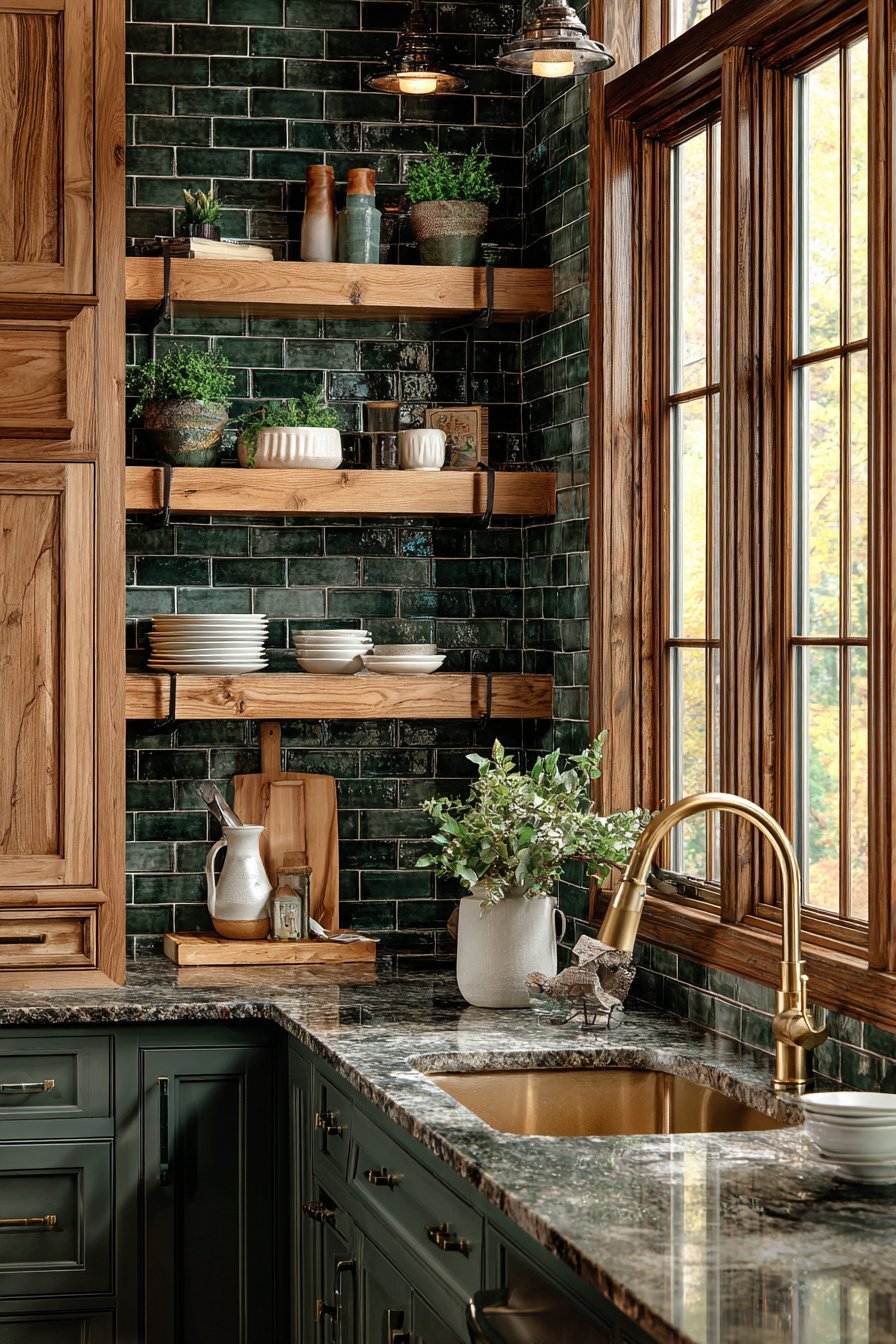 Subway Tile Backsplash with Wood Shelving