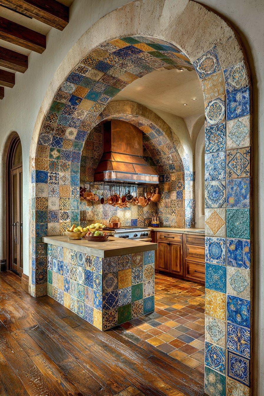 Arched Cooking Alcove with Patchwork Tiles