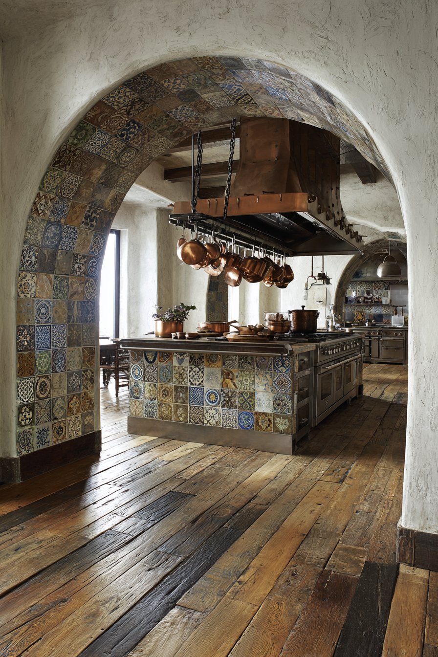 Arched Cooking Alcove with Patchwork Tiles