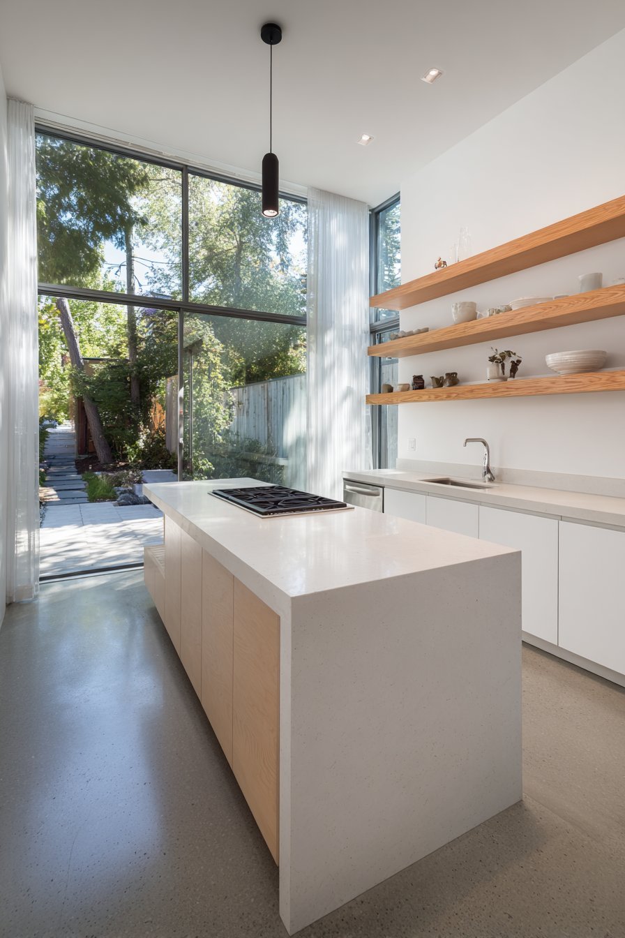 Single-Wall Kitchen with Floor-to-Ceiling Windows