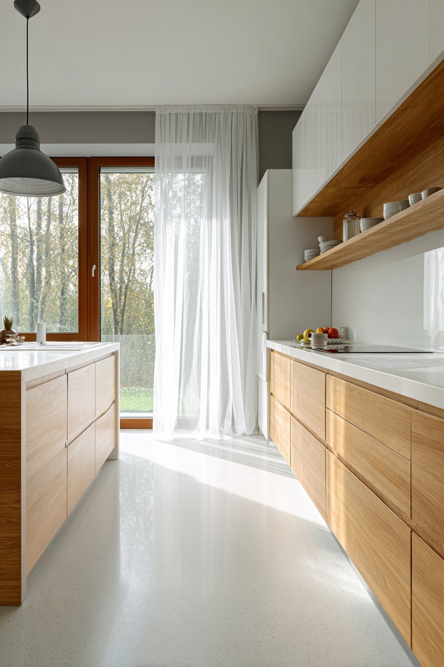 Single-Wall Kitchen with Floor-to-Ceiling Windows