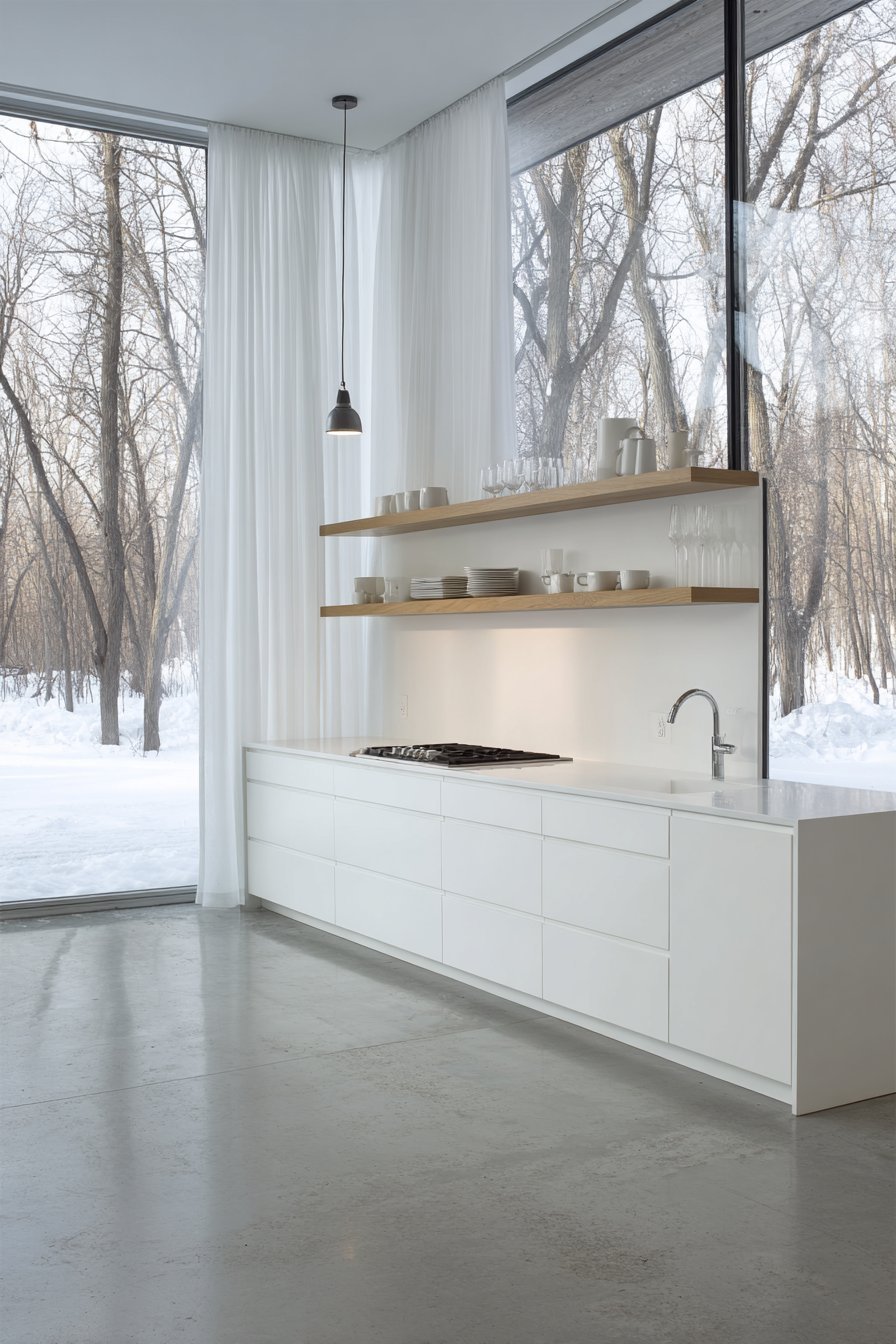 Single-Wall Kitchen with Floor-to-Ceiling Windows