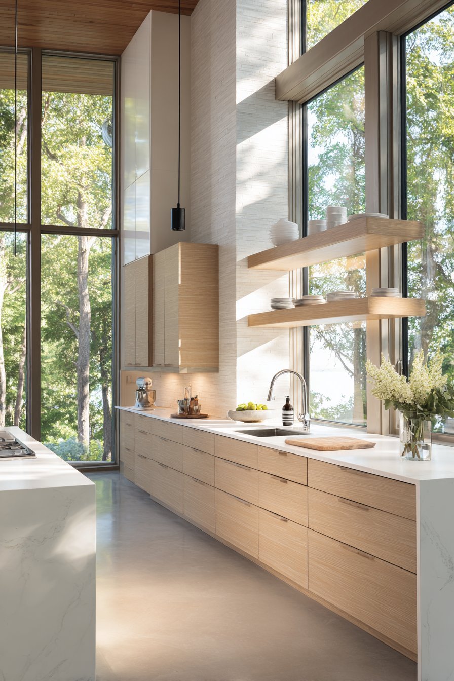Single-Wall Kitchen with Floor-to-Ceiling Windows