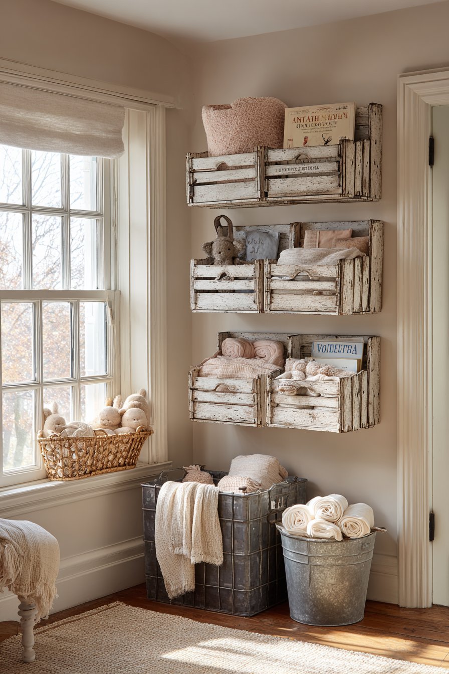 Farmhouse Rustic Distressed White Wooden Crates