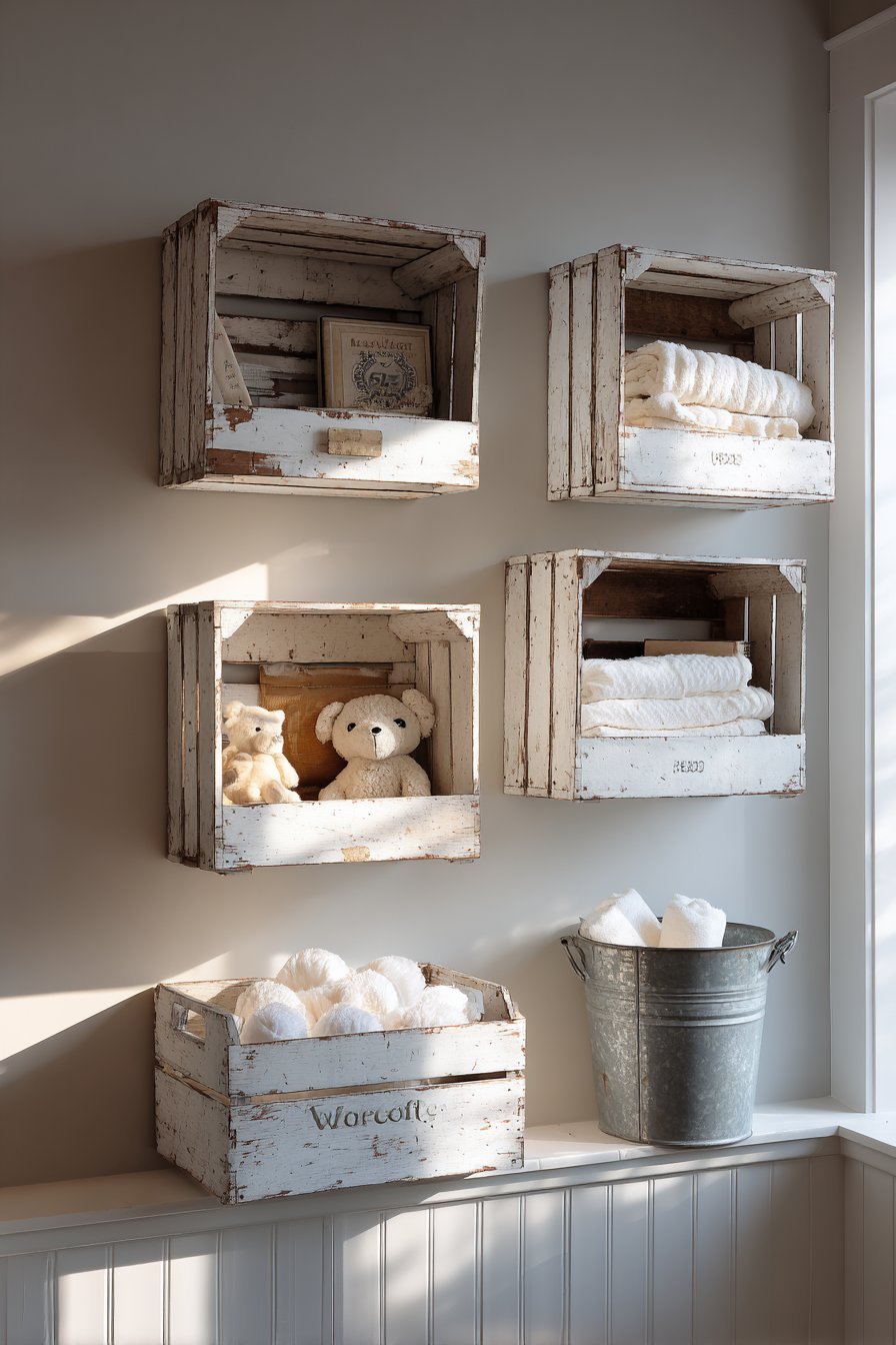 Farmhouse Rustic Distressed White Wooden Crates