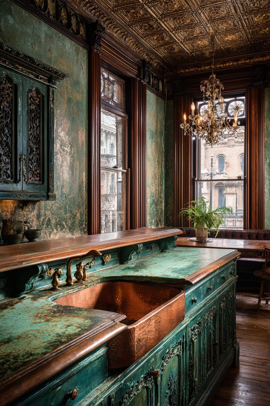Victorian Copper Sink Kitchen with Tin Ceiling