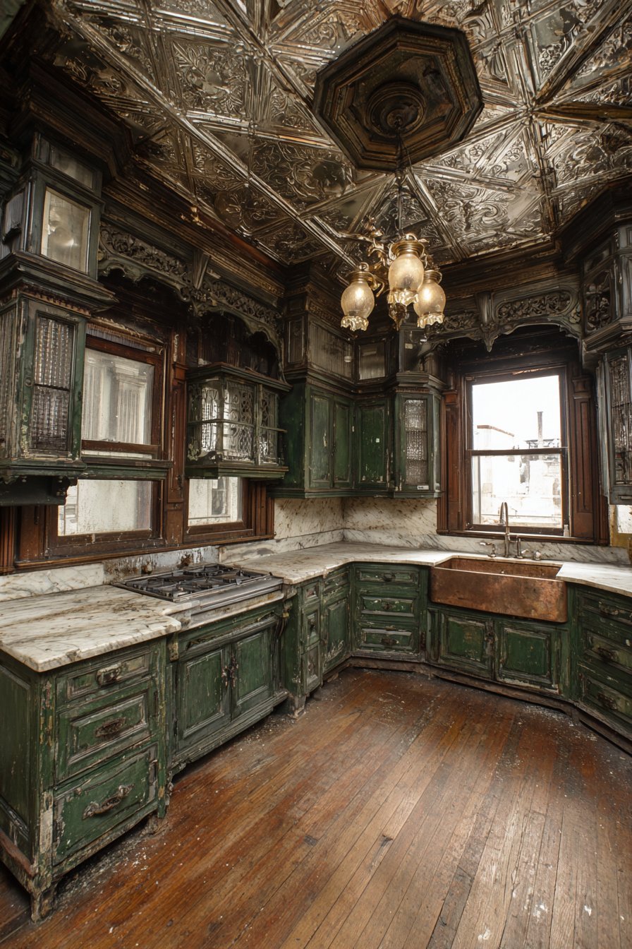 Victorian Copper Sink Kitchen with Tin Ceiling