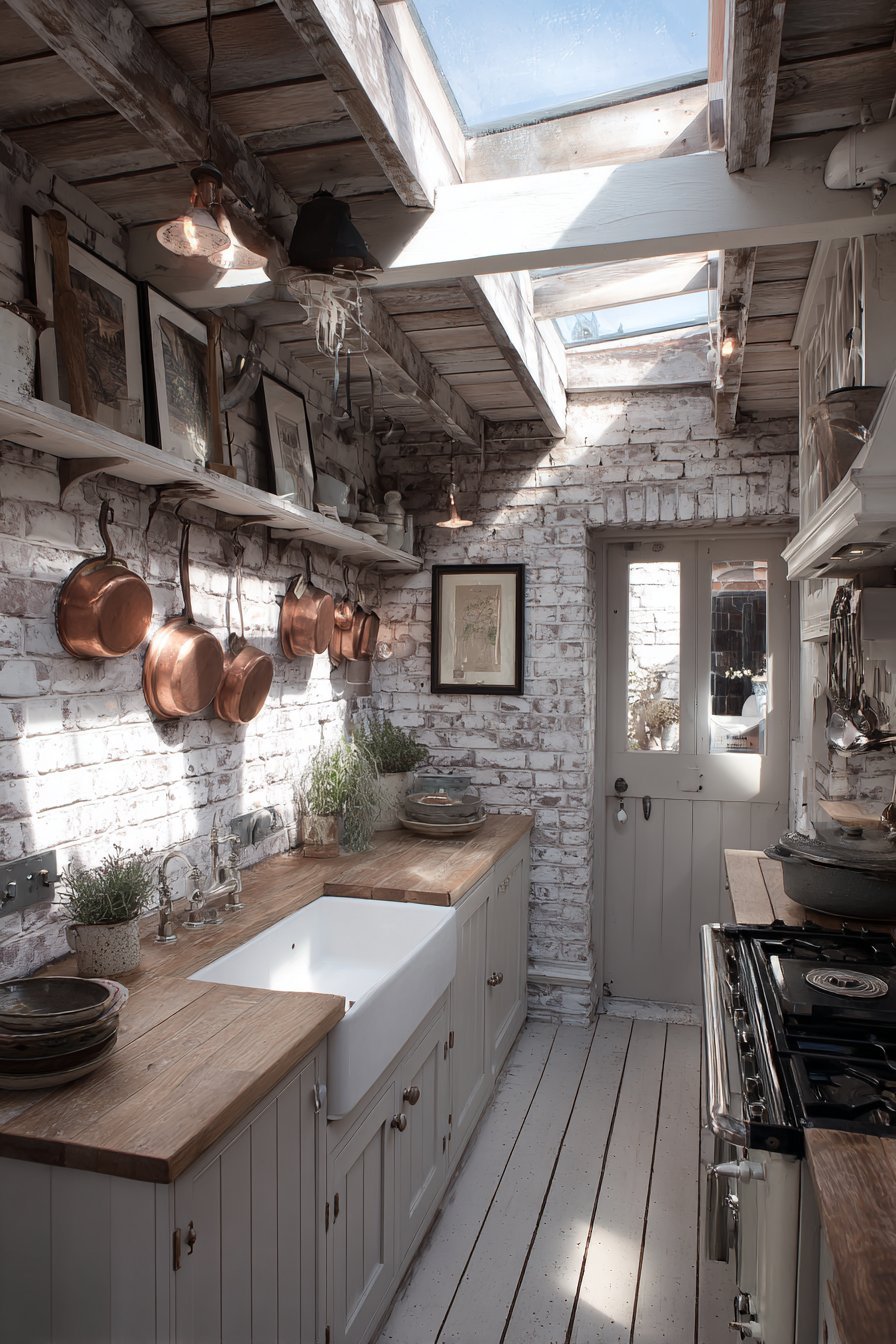 Whitewashed Brick Skylight Kitchen