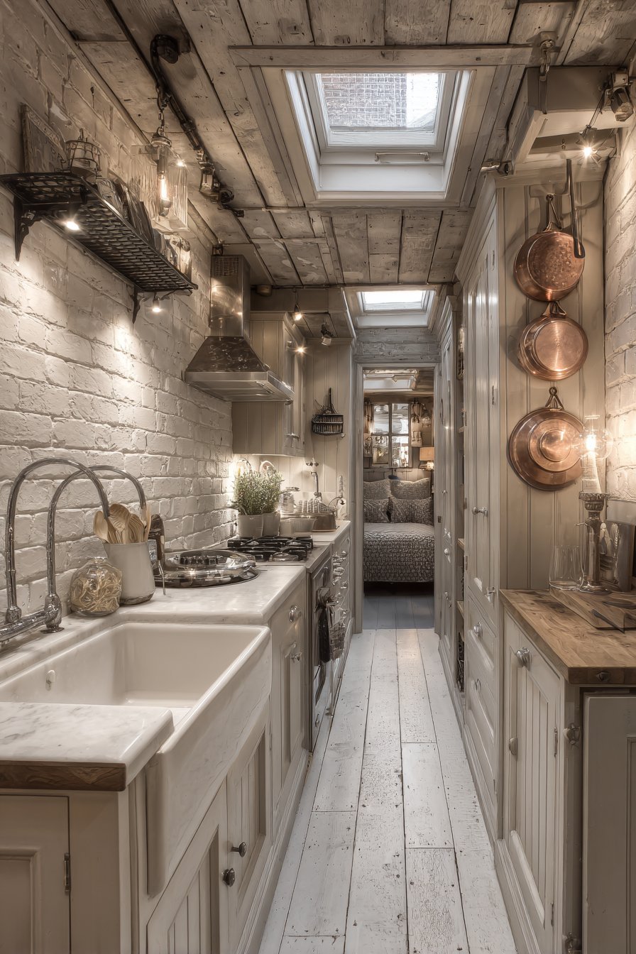 Whitewashed Brick Skylight Kitchen