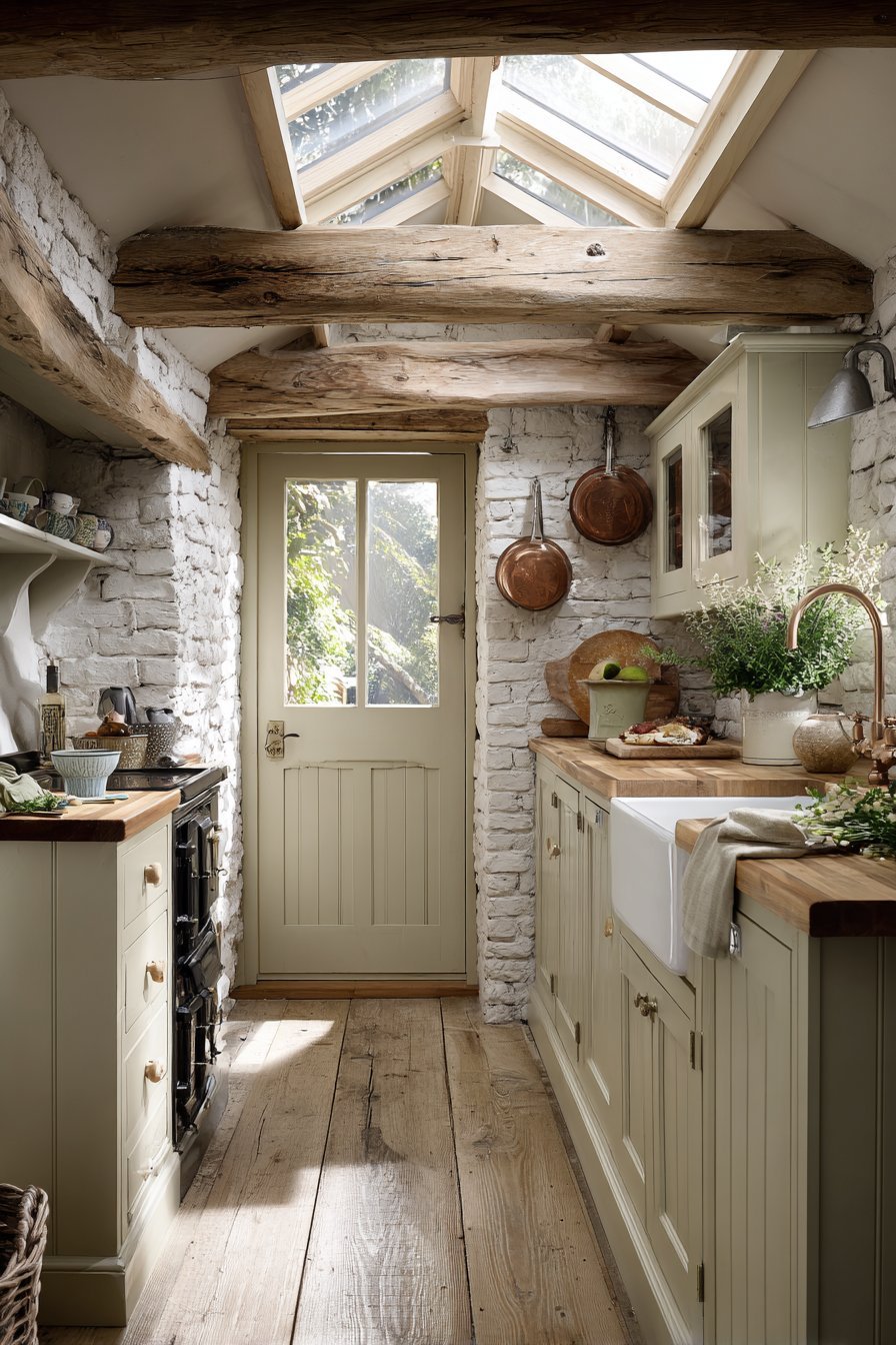 Whitewashed Brick Skylight Kitchen