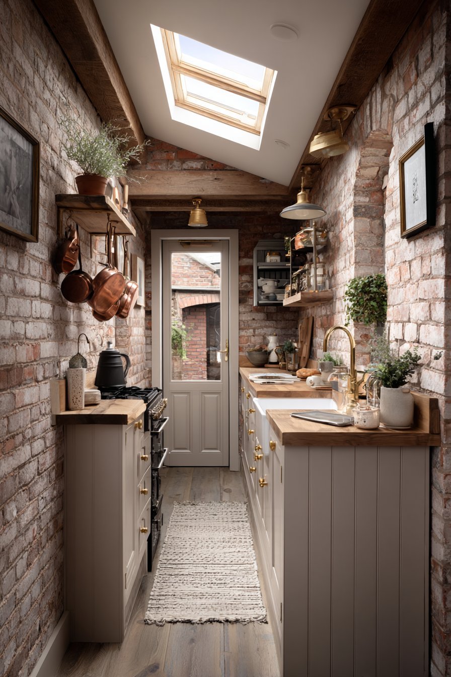 Whitewashed Brick Skylight Kitchen