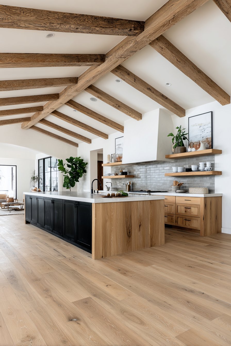 Exposed Beam Ceiling with Material Layering