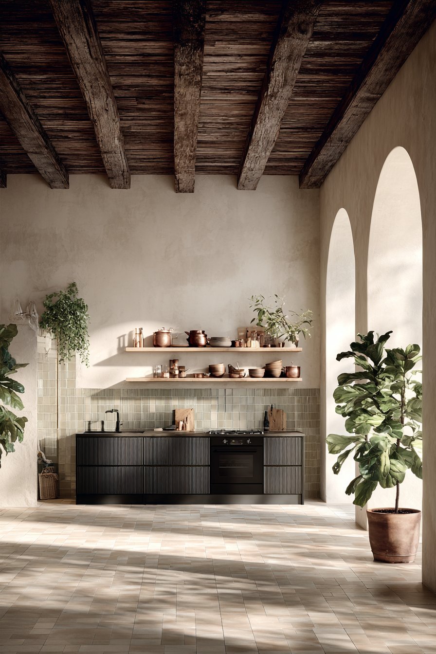 Exposed Beam Ceiling with Material Layering