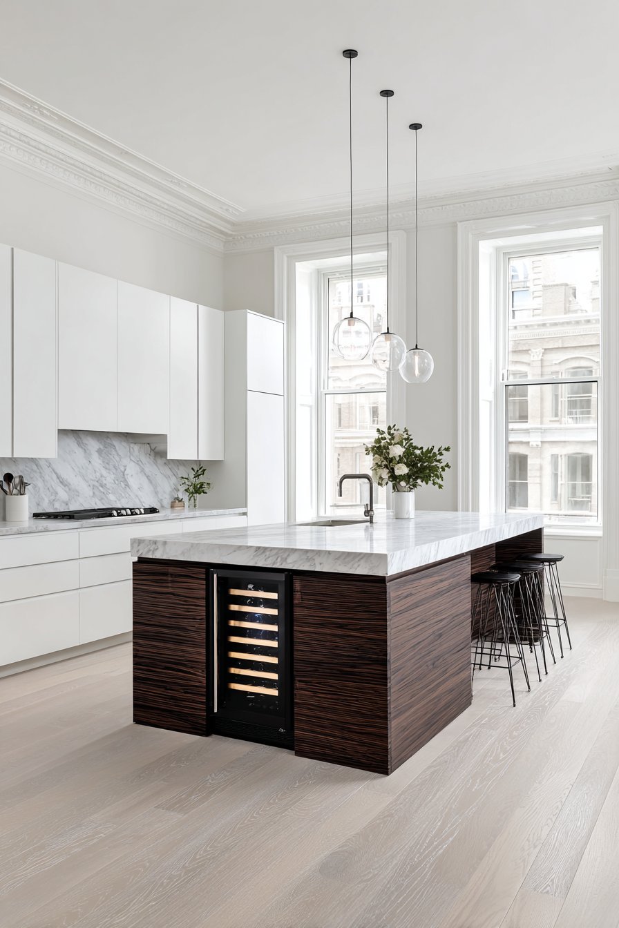 Walnut Island Kitchen with White Perimeter