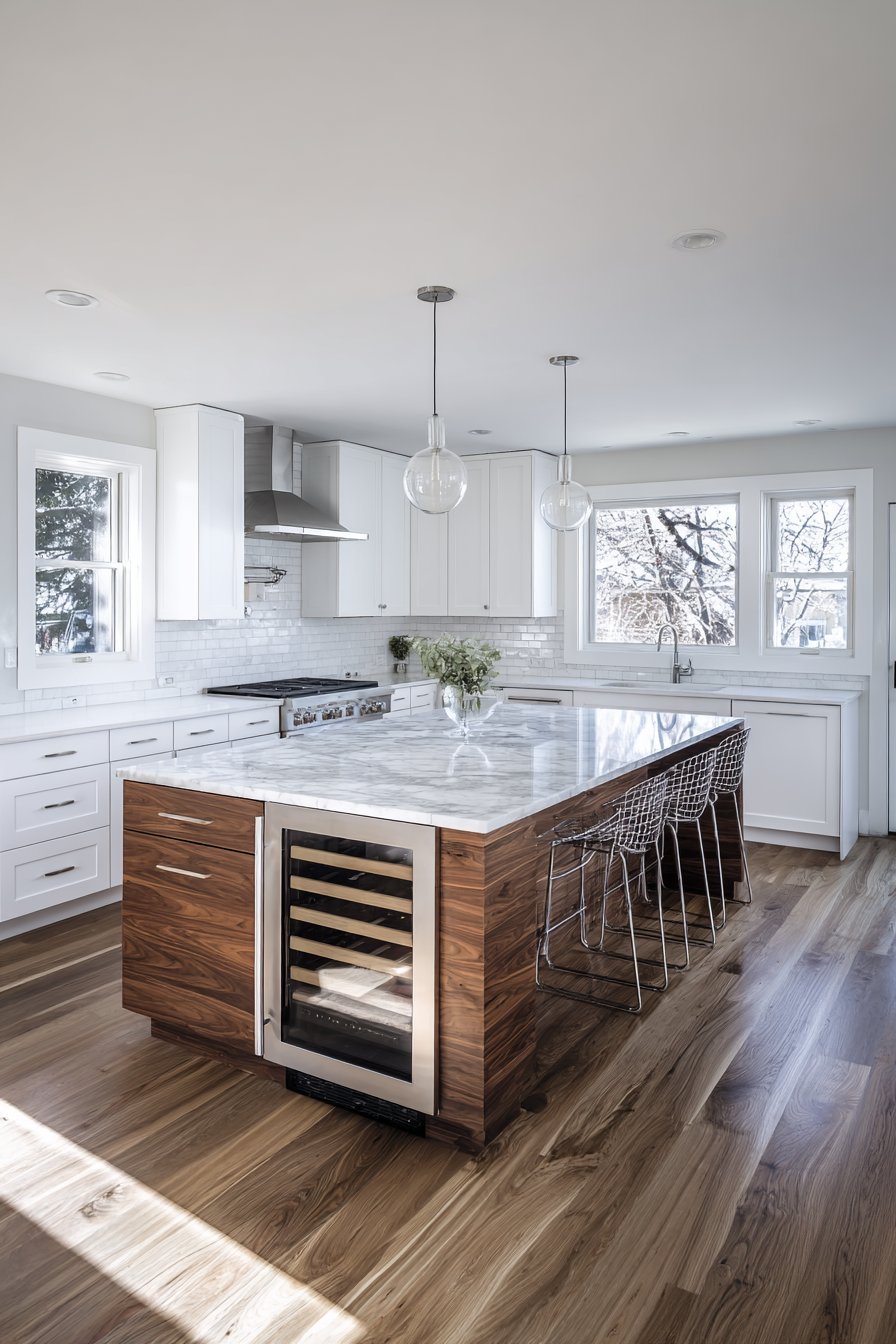 Walnut Island Kitchen with White Perimeter