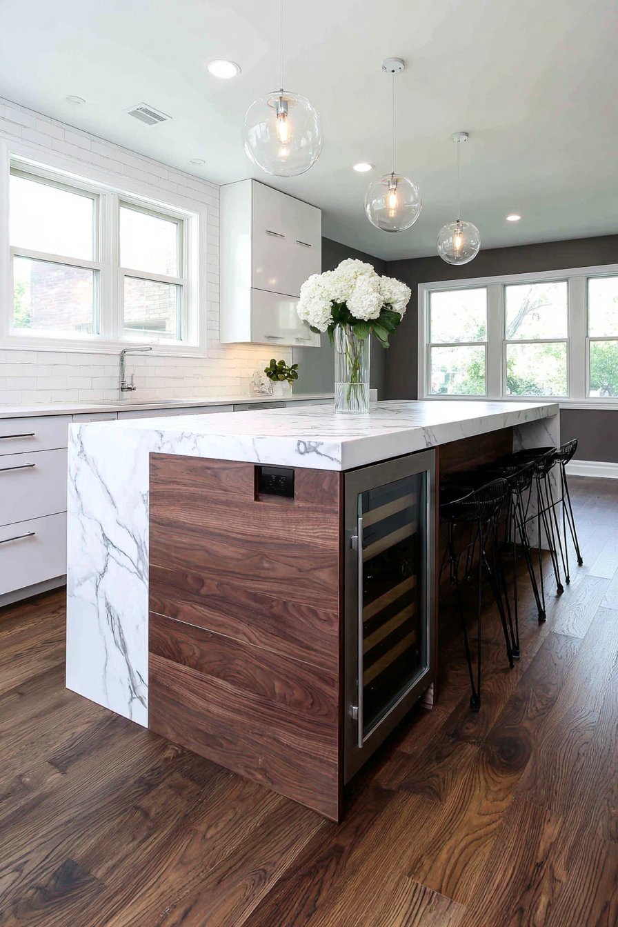 Walnut Island Kitchen with White Perimeter