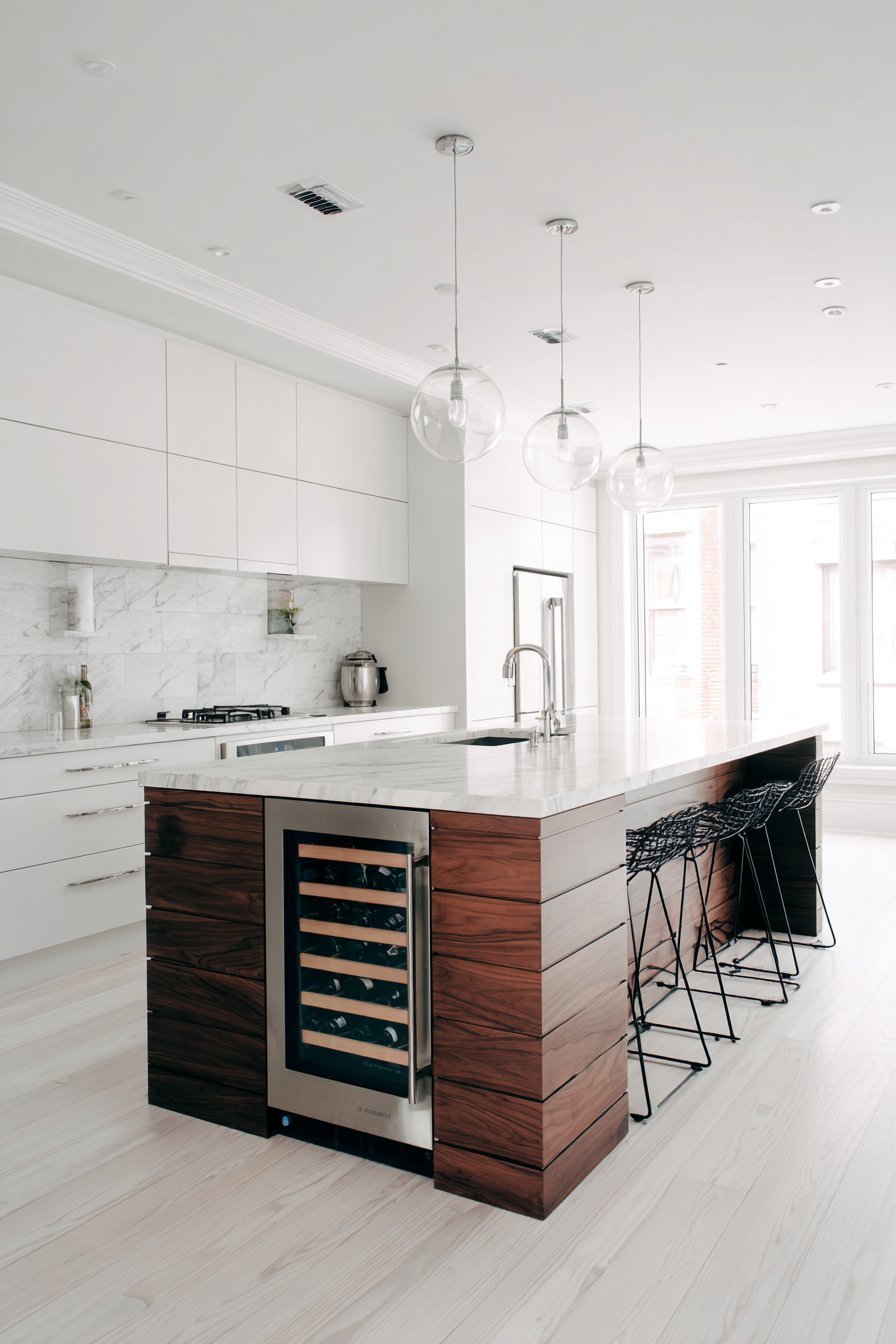 Walnut Island Kitchen with White Perimeter