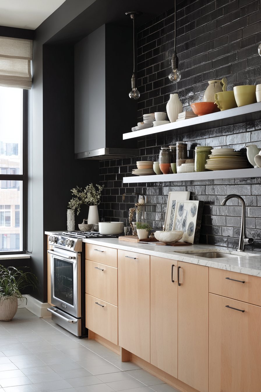 Dramatic Black Accent Wall with Open Shelving