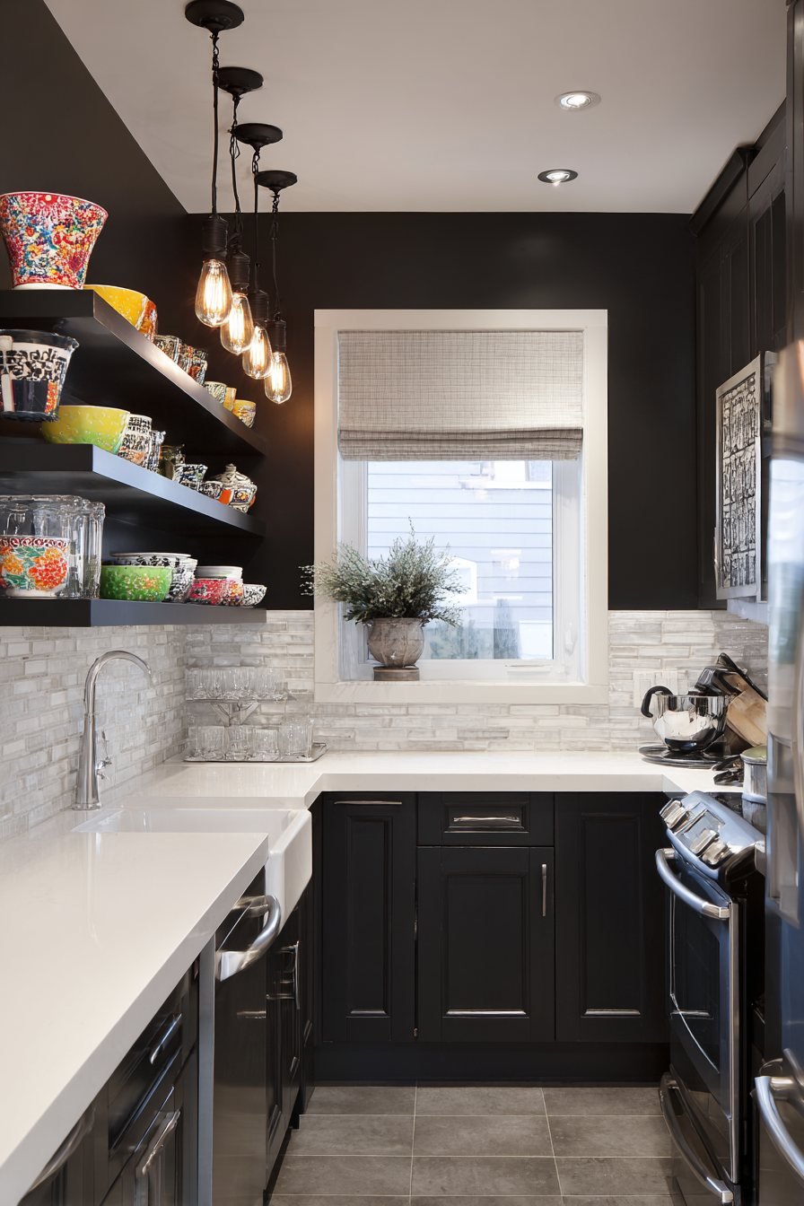 Dramatic Black Accent Wall with Open Shelving