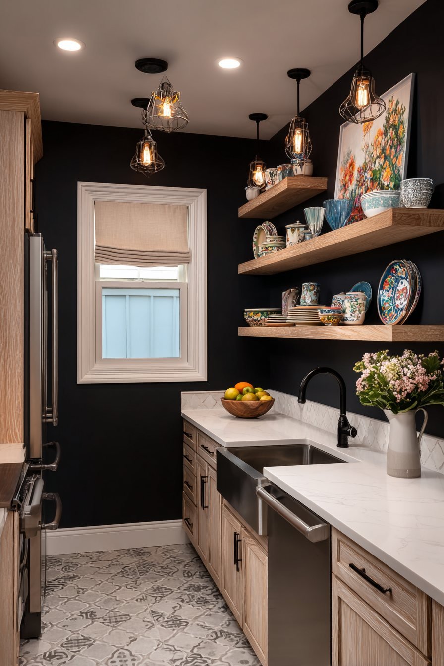 Dramatic Black Accent Wall with Open Shelving