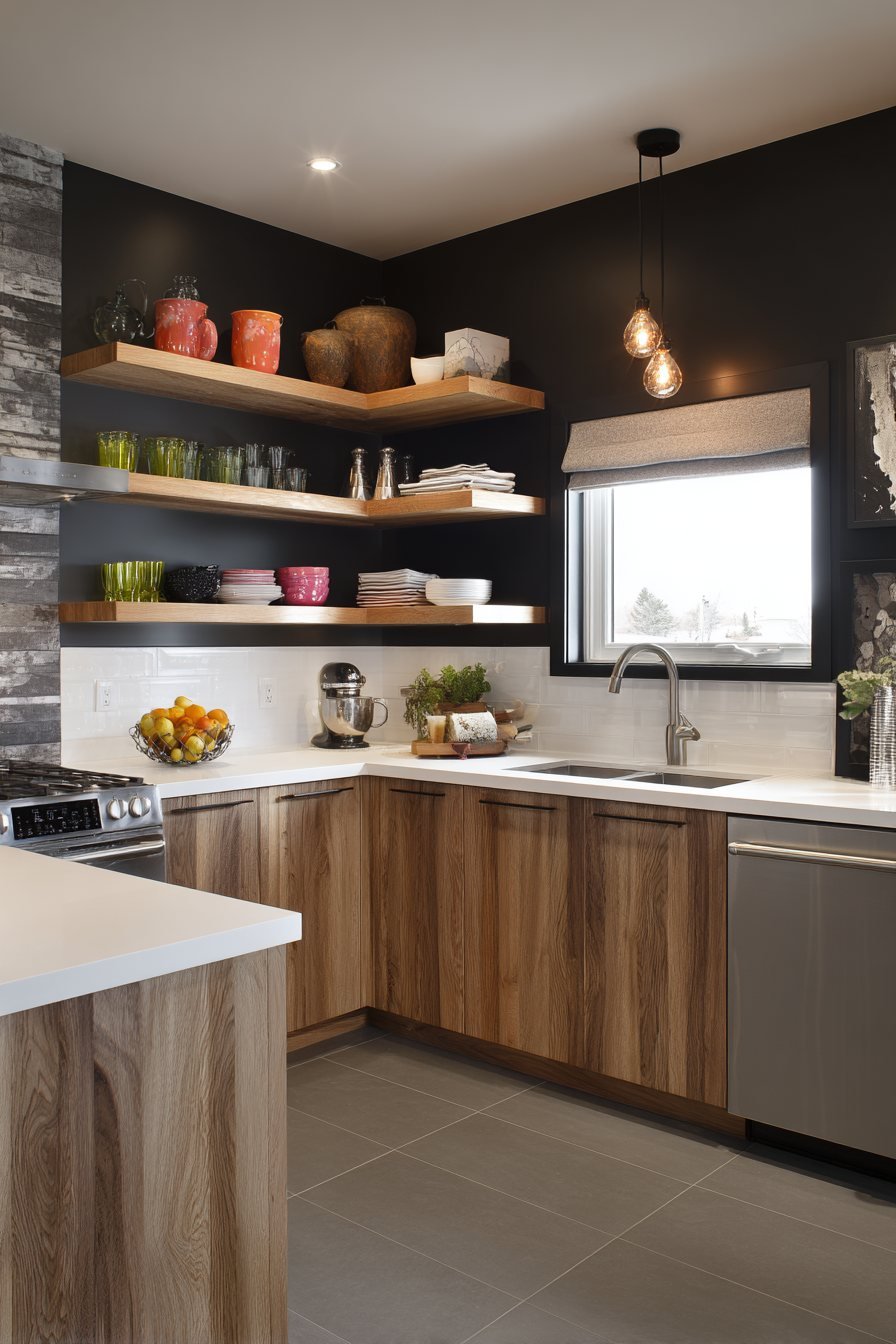 Dramatic Black Accent Wall with Open Shelving