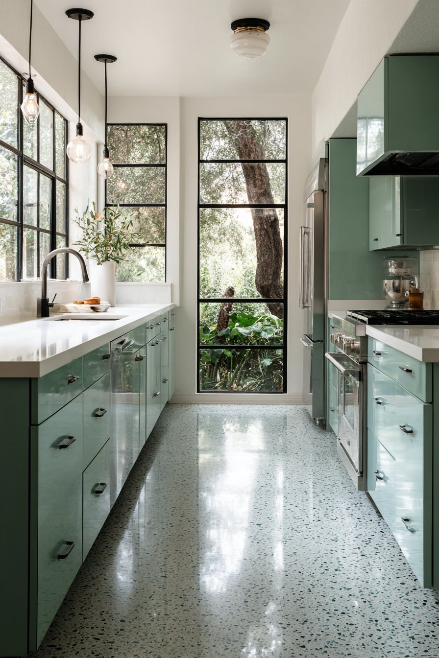 Sleek Celadon Kitchen with Terrazzo Flooring