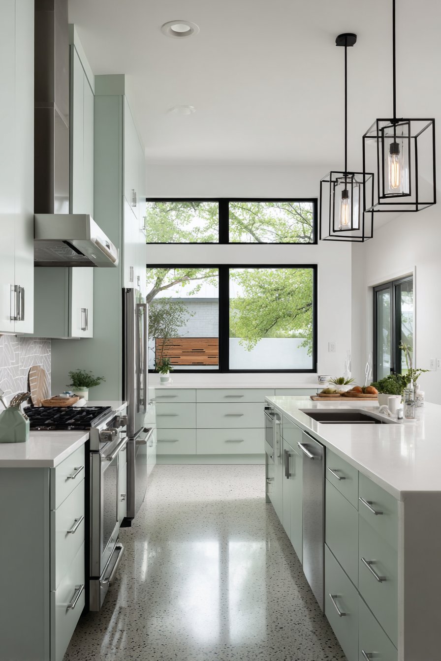 Sleek Celadon Kitchen with Terrazzo Flooring