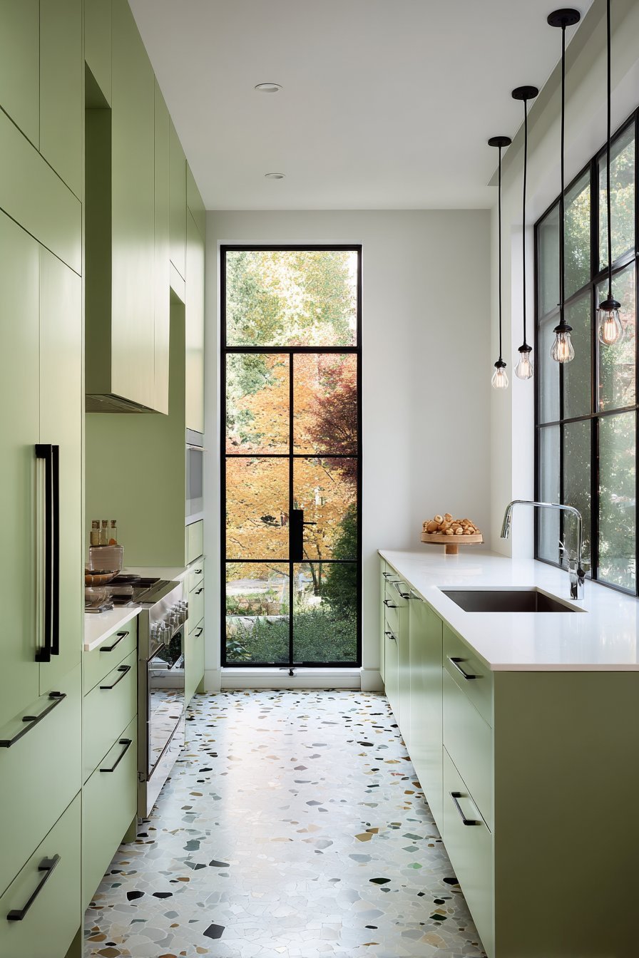 Sleek Celadon Kitchen with Terrazzo Flooring