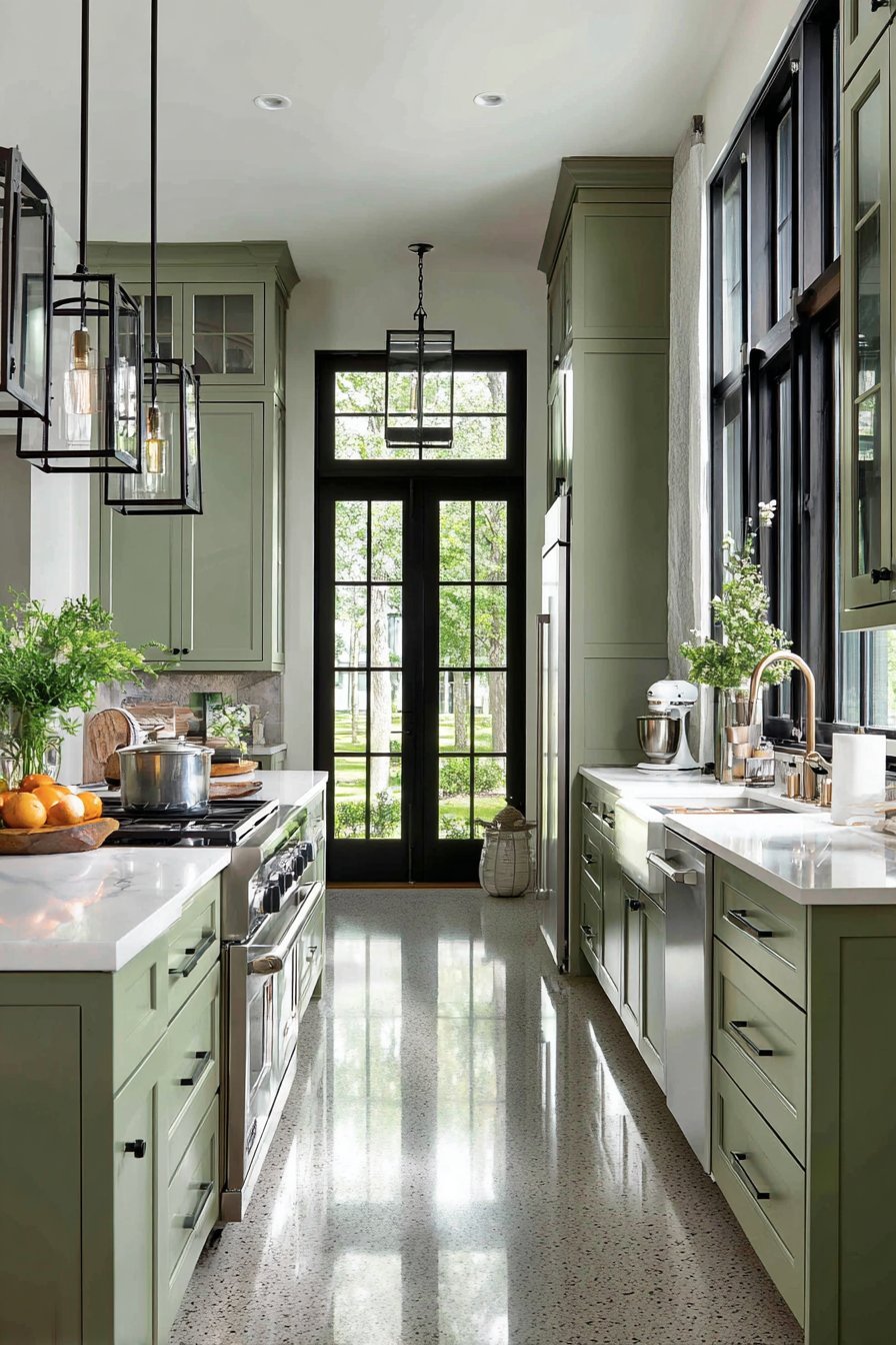 Sleek Celadon Kitchen with Terrazzo Flooring