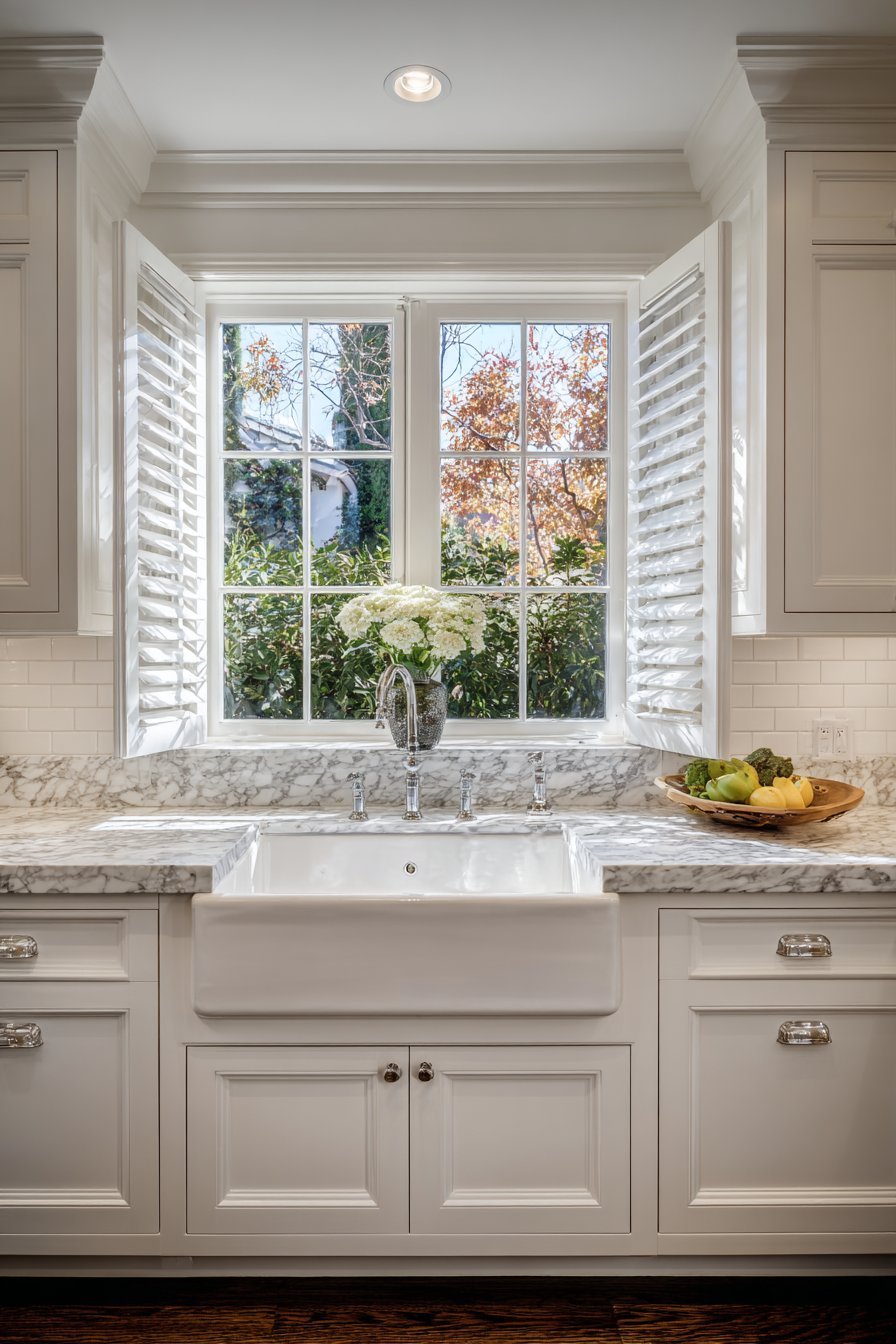 Traditional Kitchen Window with Apron Front Sink