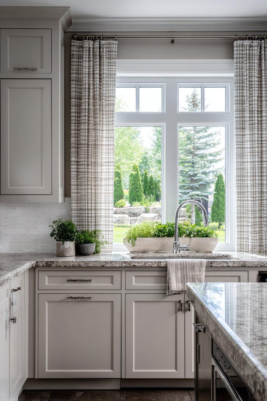 Grey Kitchen with Elegant Window Treatments
