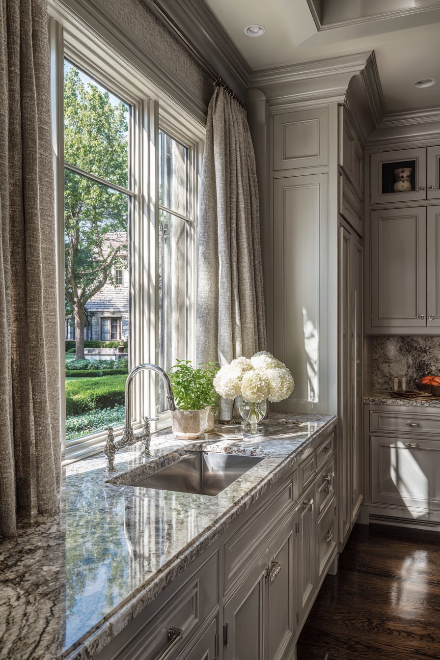 Grey Kitchen with Elegant Window Treatments