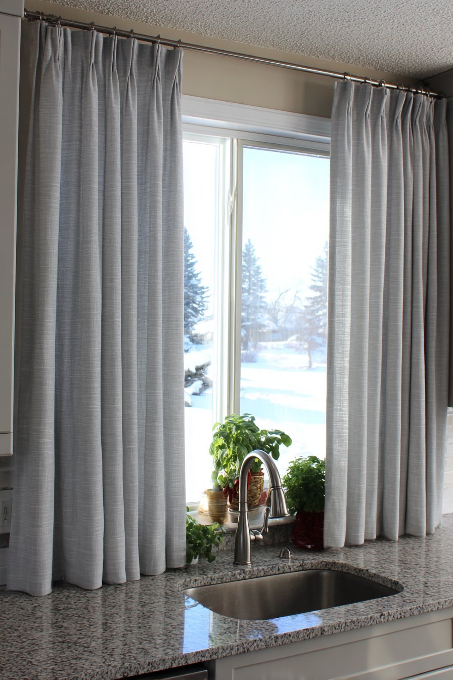 Grey Kitchen with Elegant Window Treatments