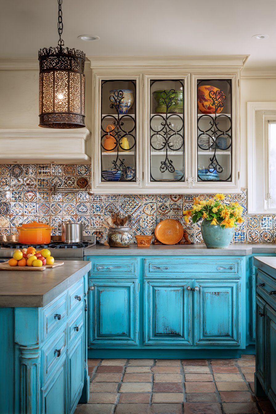 Turquoise Distressed Cabinet Kitchen