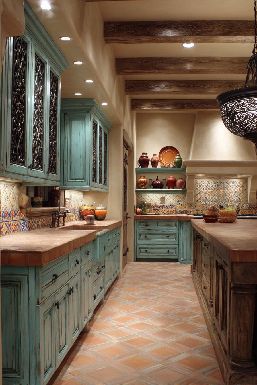 Turquoise Distressed Cabinet Kitchen