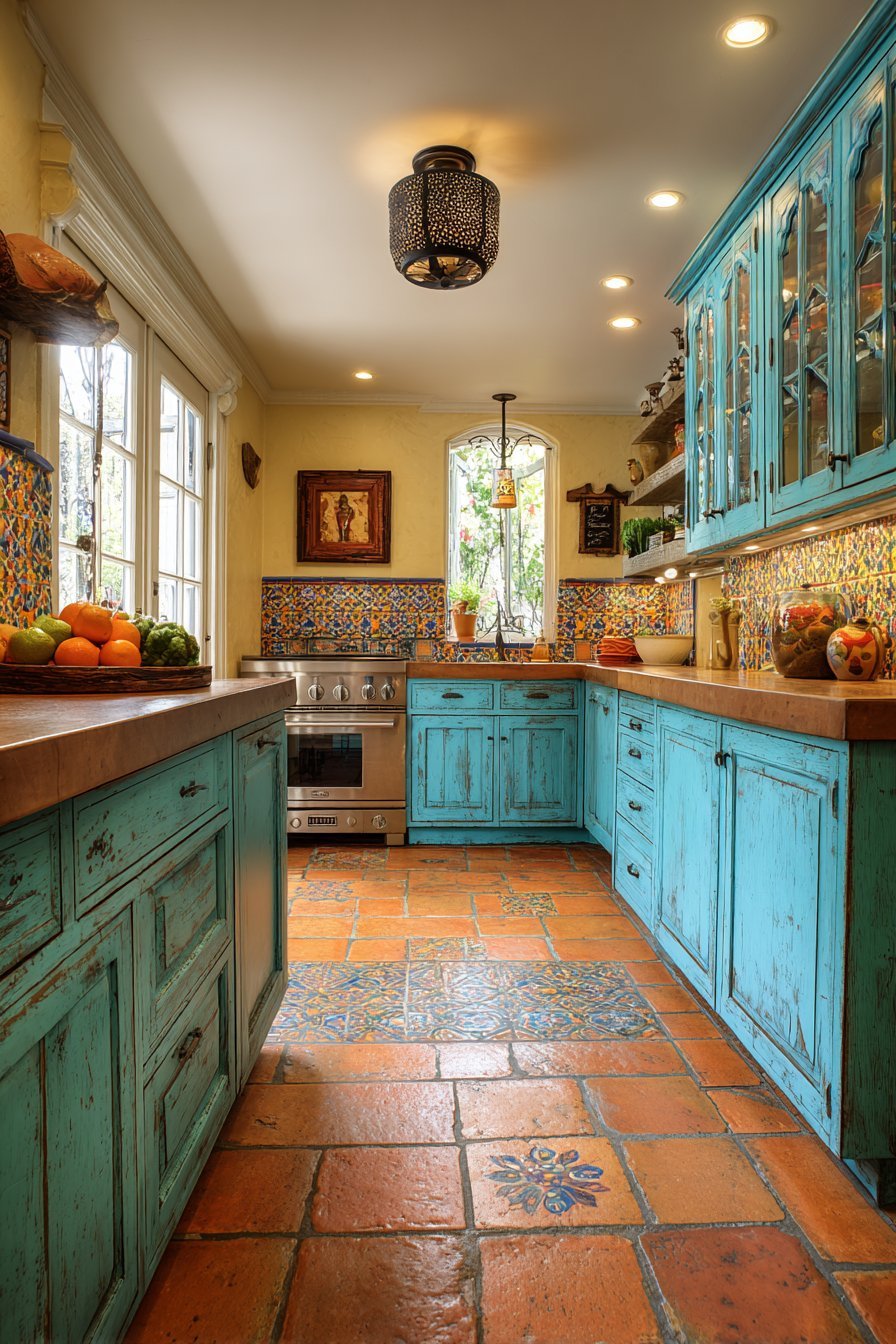 Turquoise Distressed Cabinet Kitchen