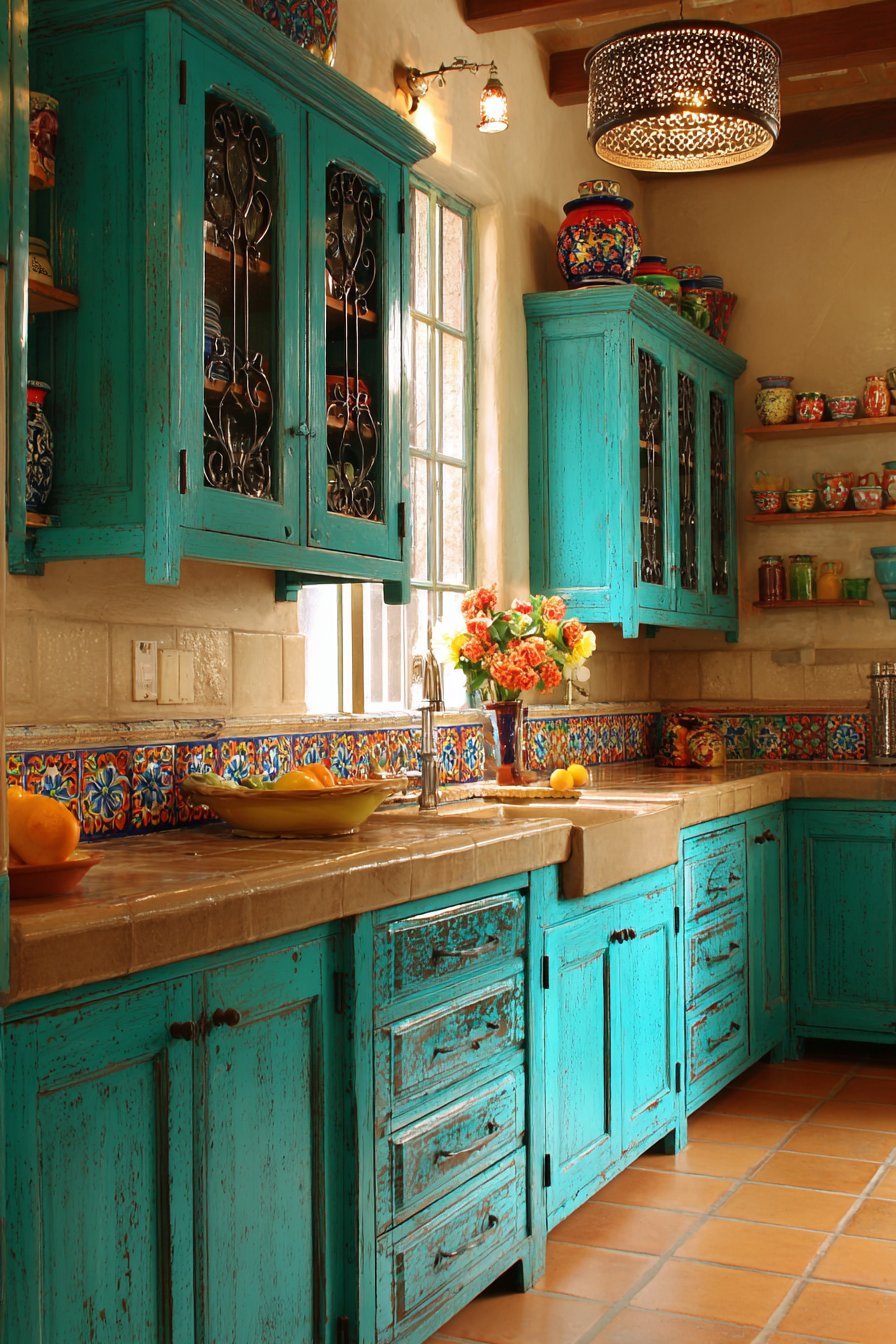 Turquoise Distressed Cabinet Kitchen