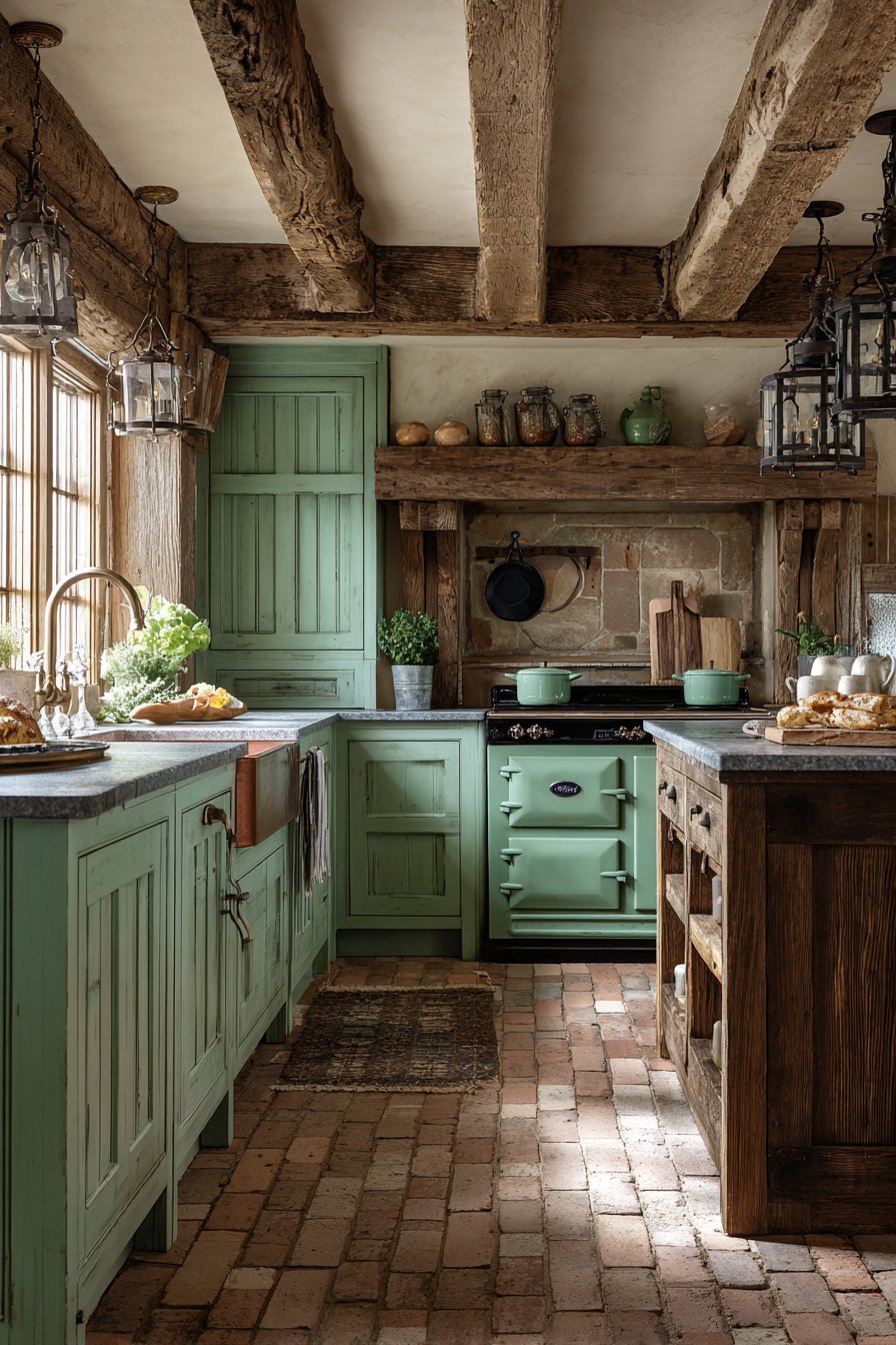 Rustic Distressed Green Kitchen