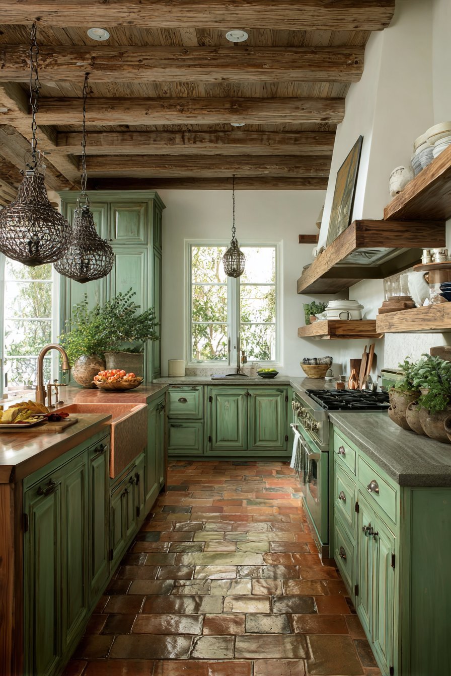 Rustic Distressed Green Kitchen
