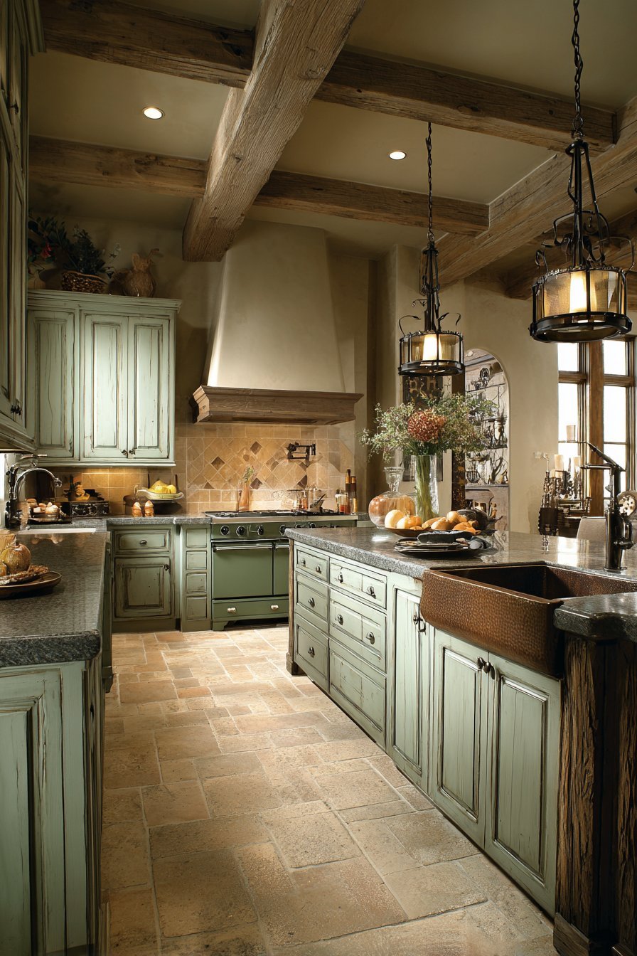 Rustic Distressed Green Kitchen