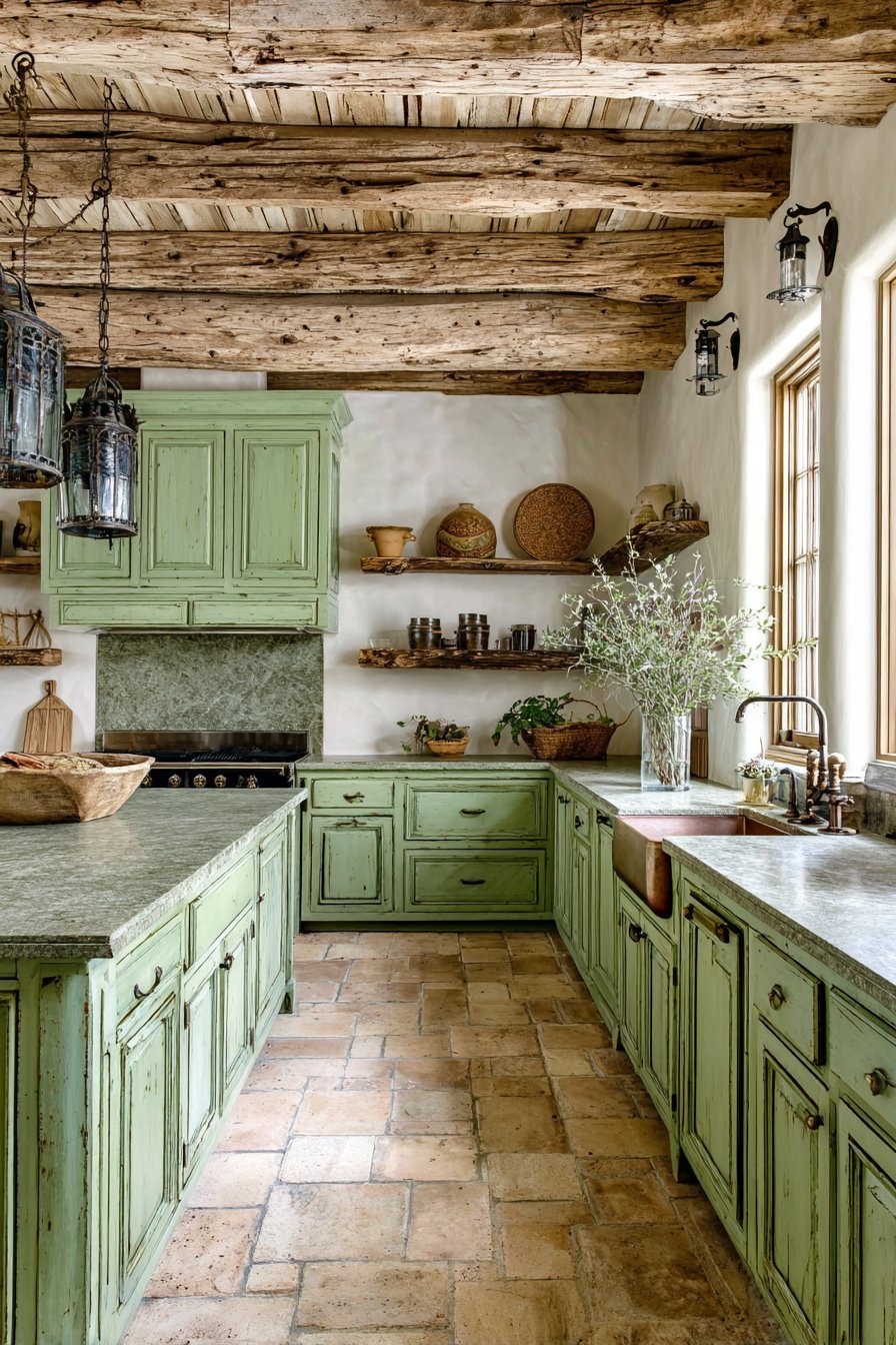 Rustic Distressed Green Kitchen