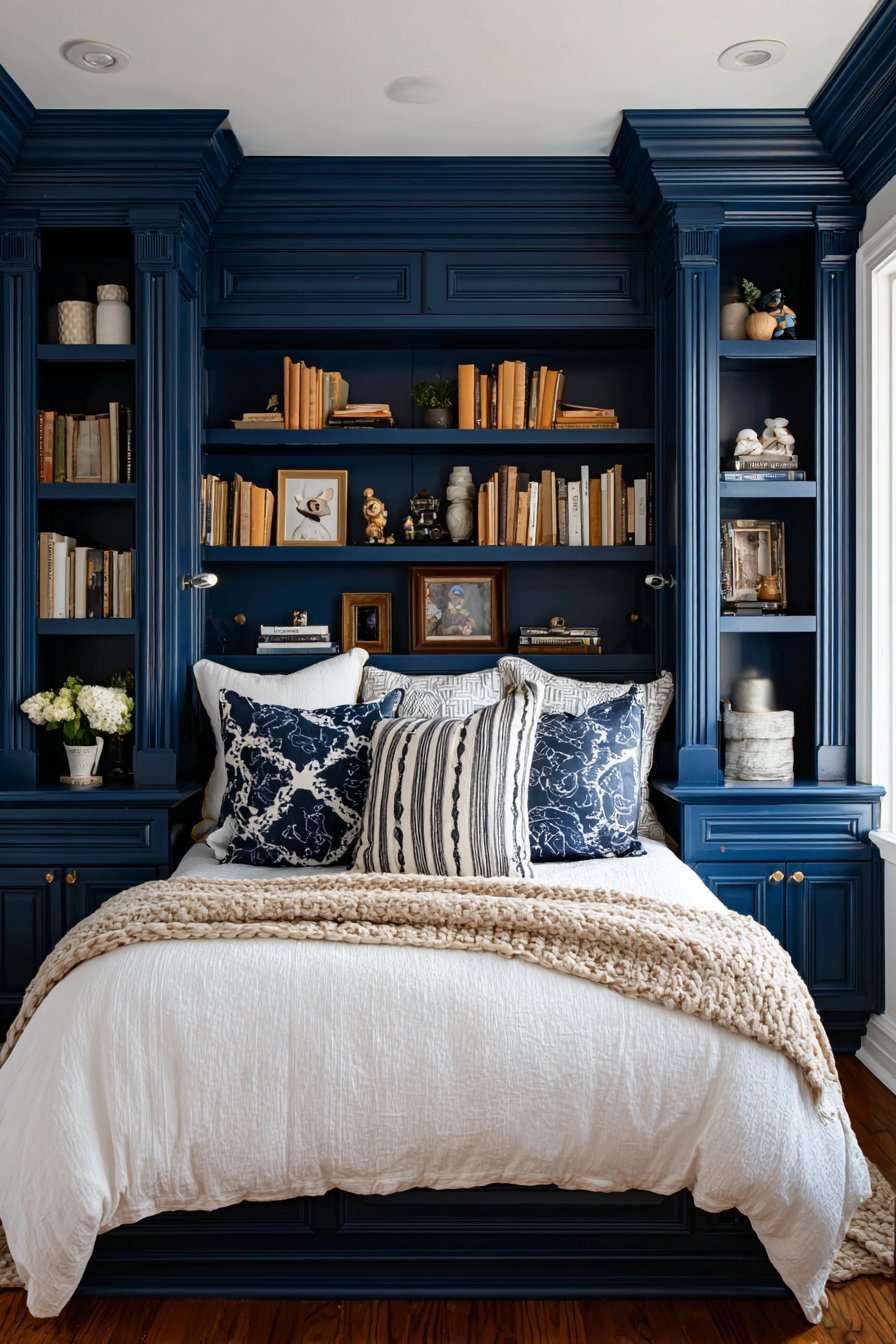 Custom Navy Built-In Shelving