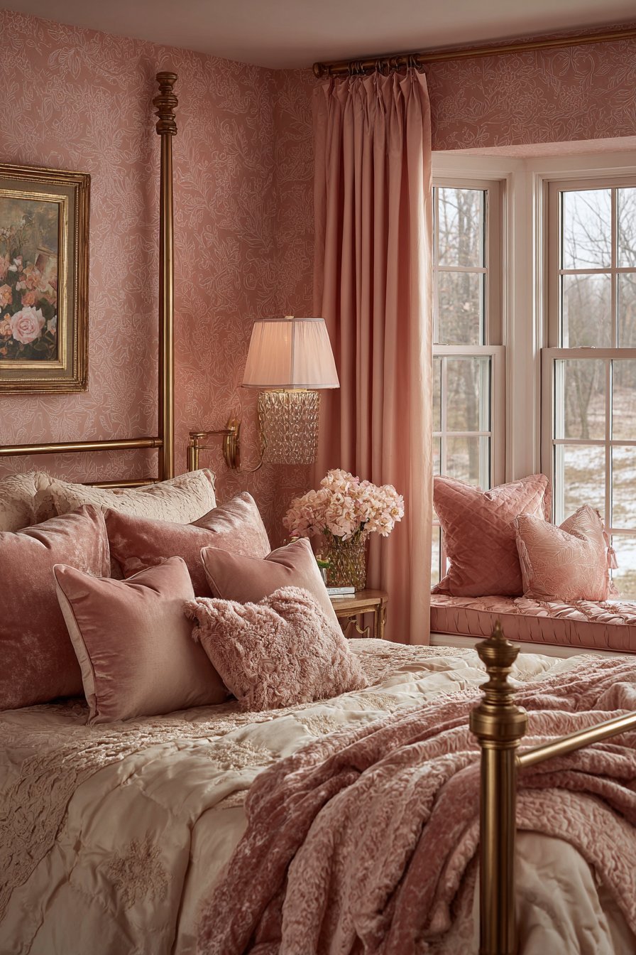Brass Four-Poster Romance with Blush Tones