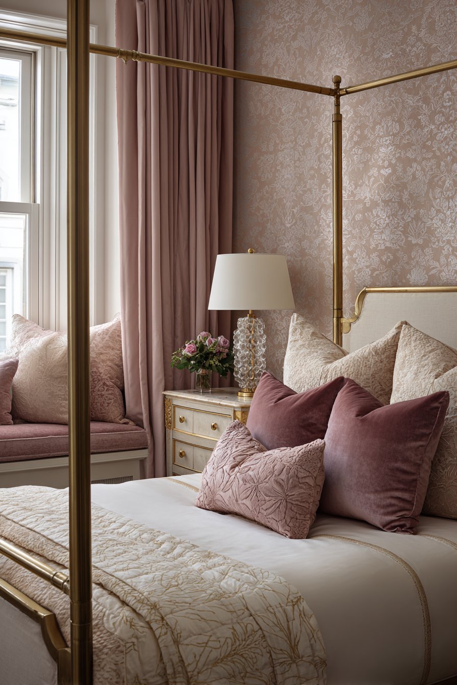 Brass Four-Poster Romance with Blush Tones