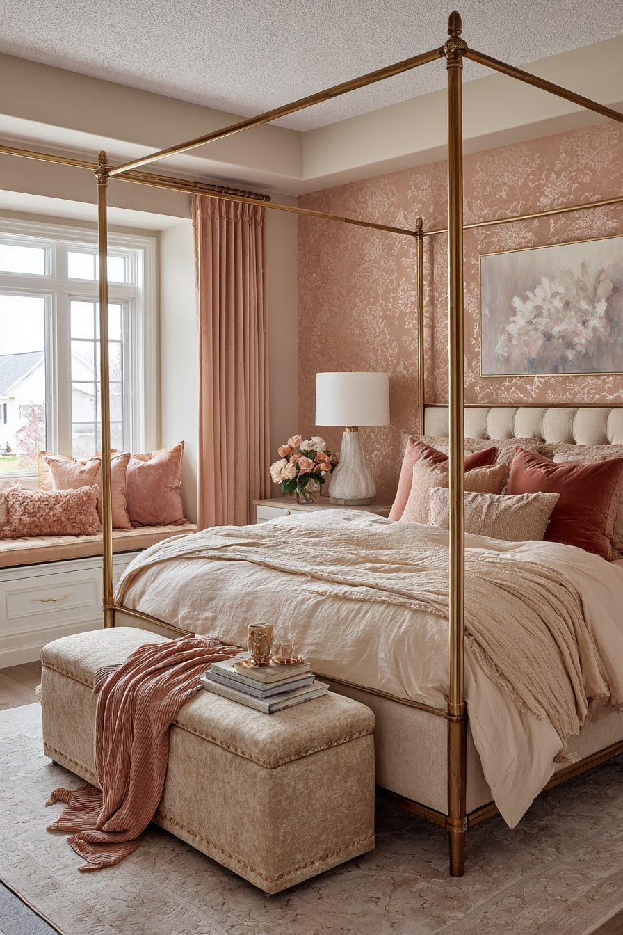 Brass Four-Poster Romance with Blush Tones