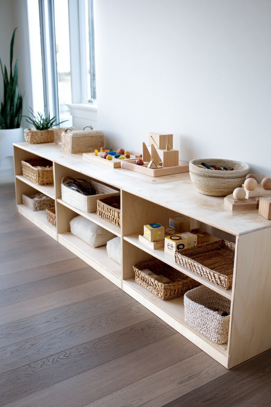 Montessori Low-Level Natural Birch Open Shelf Unit